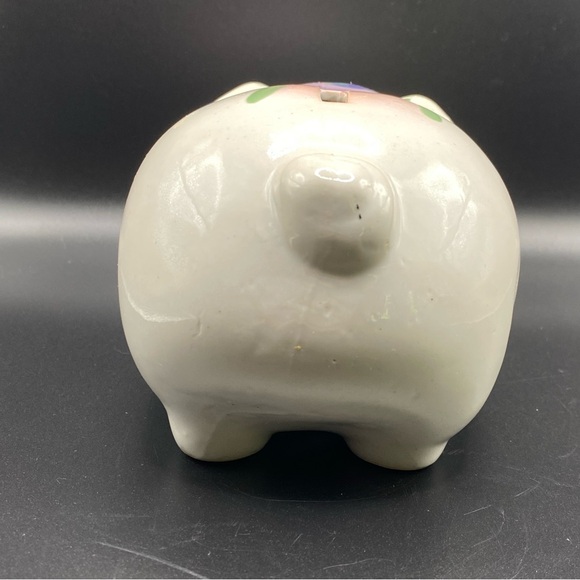 Vintage Ceramic Pig Piggy Bank Hand Painted Purple Pink Flowers And Bow - Picture 4 of 10